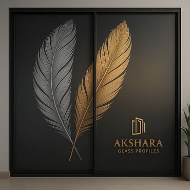 Black sliding wardrobe with golden and silver feather digital glass print – Akshara Glass Profiles.