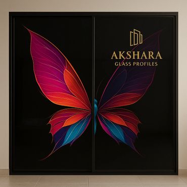 Black sliding wardrobe with multicolor butterfly digital glass print – Akshara Glass Profiles.