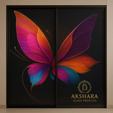 Black sliding wardrobe with multicolor butterfly digital glass print – Akshara Glass Profiles.