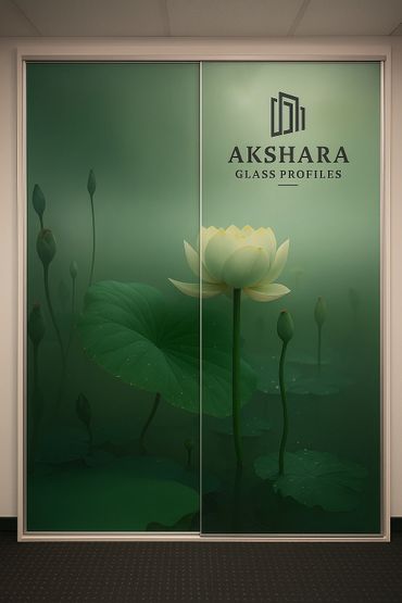Sliding wardrobe with green lotus flower digital glass print and beige profile – Akshara Glass