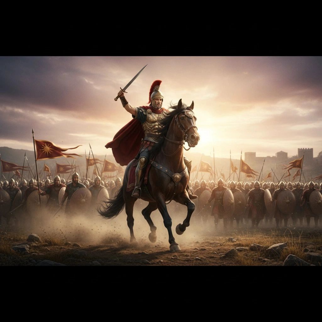 Ancient warrior on horseback leading an army under a dramatic sky.
