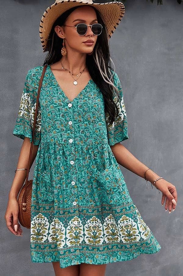 Cute Floral Print Short Sleeve Mini Dress