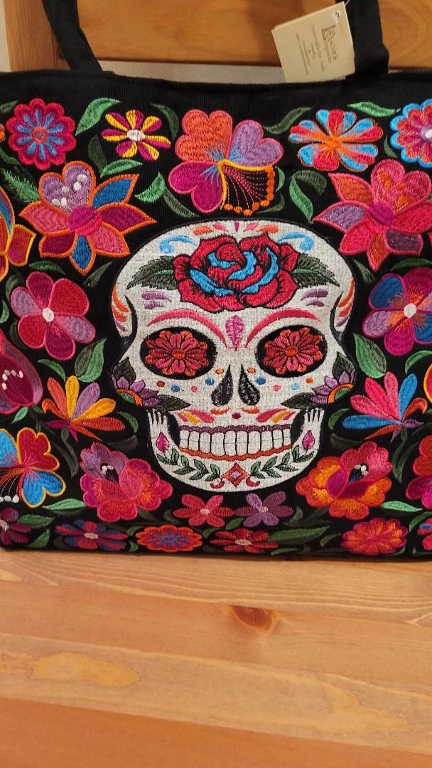 Black sugar skull skeleton & floral embroidered tote bag