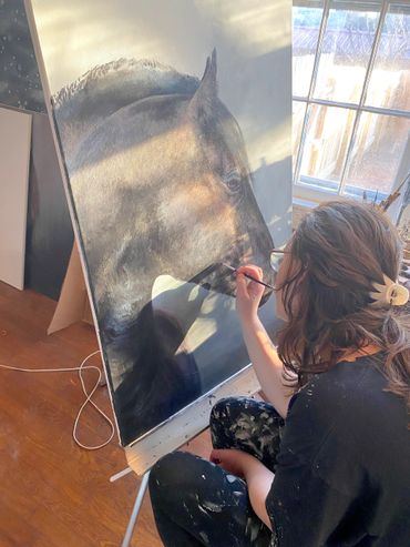 artist painting portrait of a black friesian horse original canvas equine painting commission