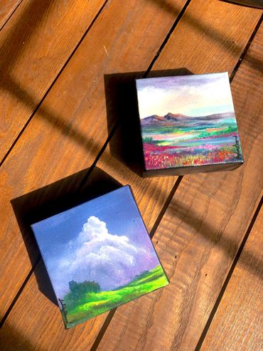 Miniature paintings by Julia Strand. Acrylic landscape portraits on canvas. Original artwork.