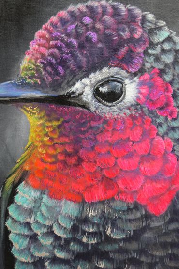 Highly detailed hummingbird painting. Original bird artwork on canvas. Wildlife art commissions.