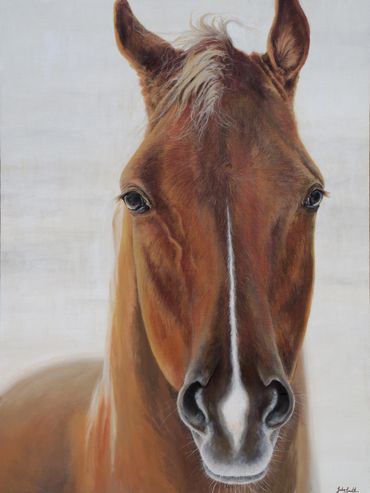 Portrait of Ferdinand. Equine acrylic painting of a chestnut gelding. Fine art expressive realism