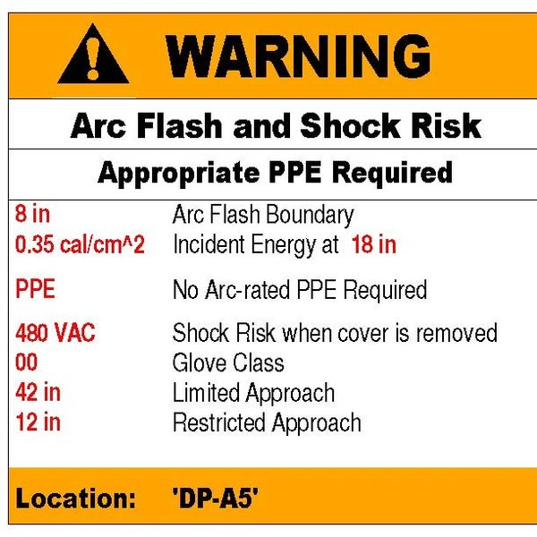 Warning sign for arc flash and shock risk with PPE requirements at location DP-A5.