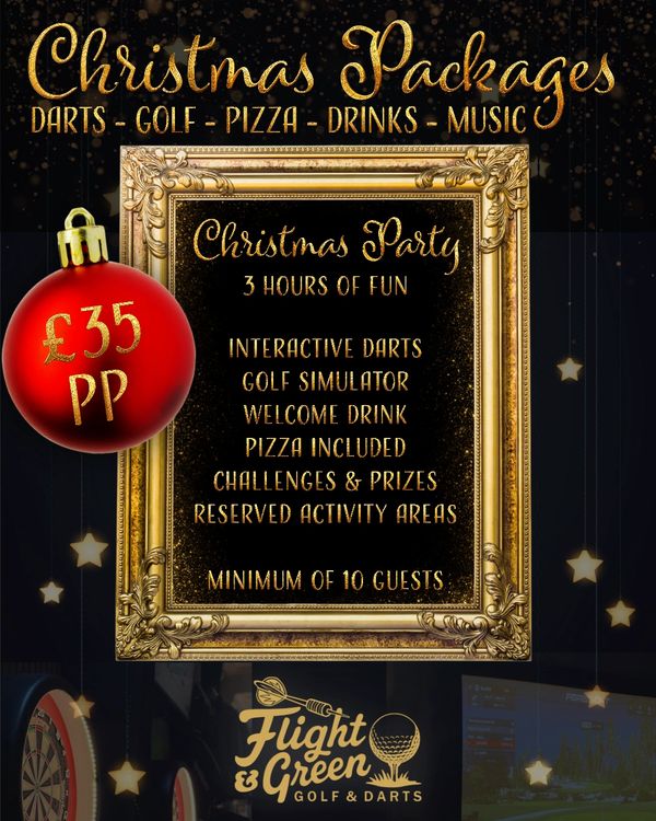 Christmas party package with darts, golf, food, and drinks for £35 per person.