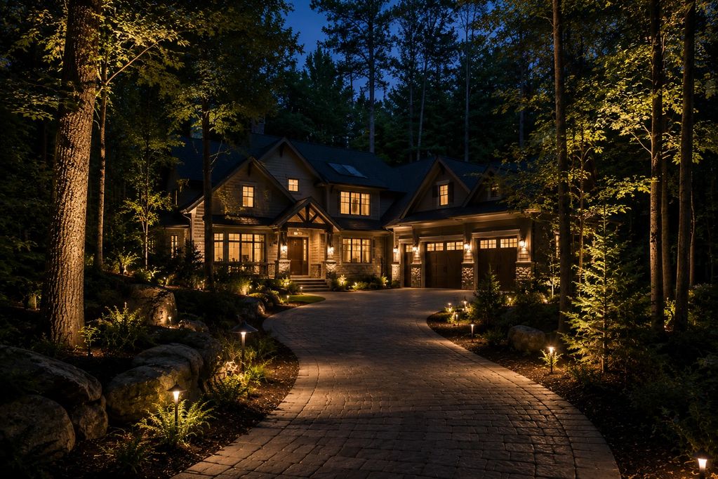 A warmly lit house with a curved driveway at night surrounded by trees.
