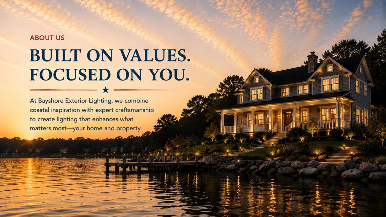 A beautifully lit lakeside home at sunset with warm exterior lighting.
