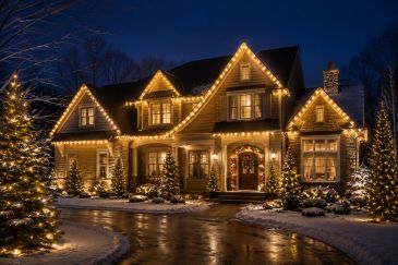 A large house decorated with warm Christmas lights during winter night.