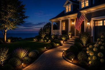 A warmly lit house with a garden path and an American flag at dusk.