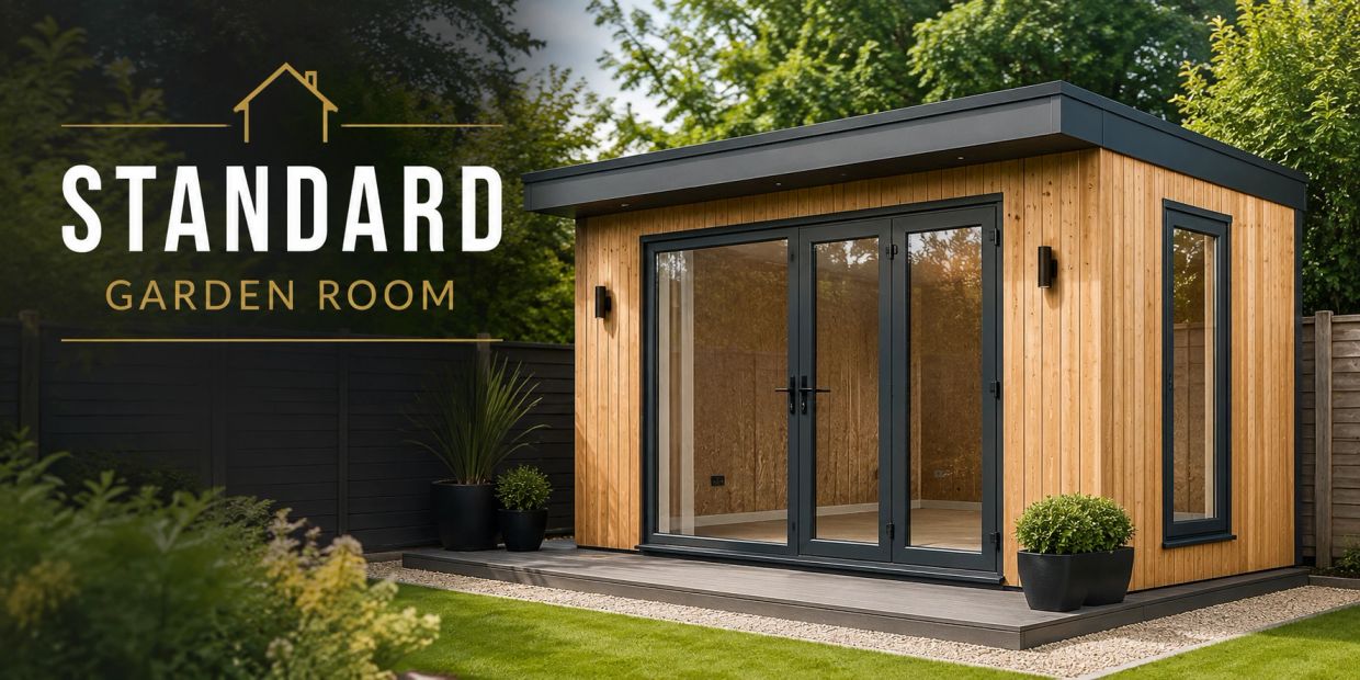 Modern wooden garden room with black-framed glass doors.