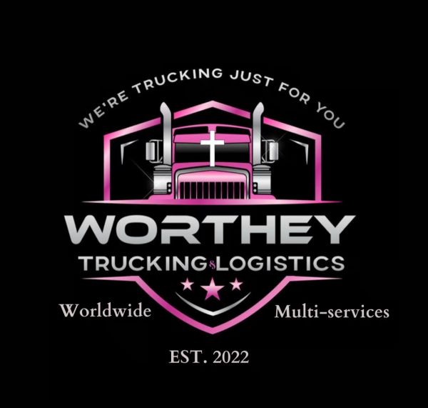 Logo of Worthey Trucking &amp; Logistics with a truck and cross design.