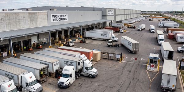 Trucking company yard with trucks and trailers.