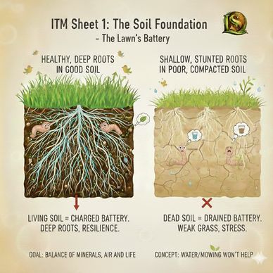 A cross-section diagram: Healthy deep Roots and porous soil vs. stunted roots in compacted, dry soil