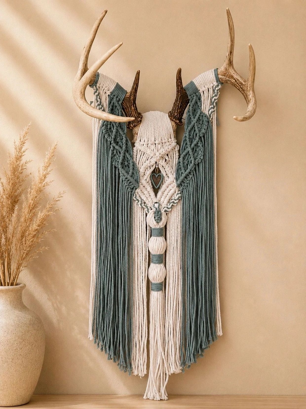 Decorative macrame with antlers mounted on a beige wall.