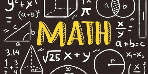 Colorful math word surrounded by various math formulas and shapes on blackboard.
