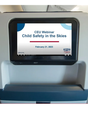 An airplane seat back video monitor showing a program titled CEU Webinar, Child Safety in the Skies.