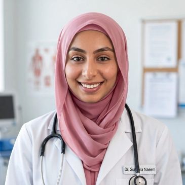 Female doctor smiling, wearing a pink hijab and white coat with stethoscope.