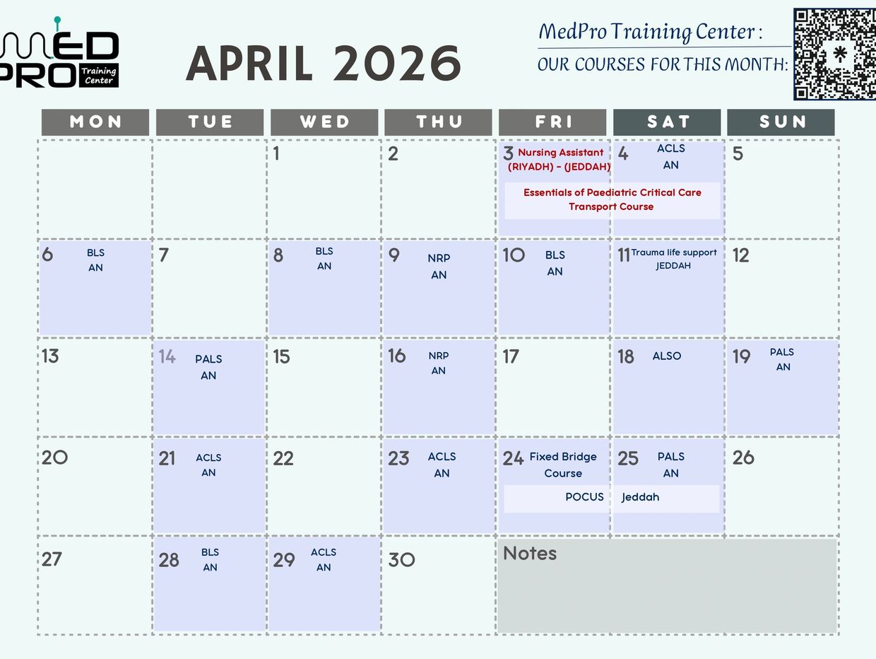 April 2026 calendar showing MedPro Training Center's medical courses and schedules.