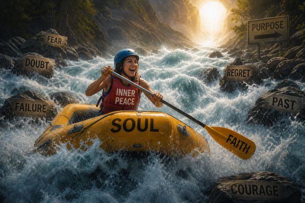 A joyful woman in a raft navigates turbulent waters labeled with life's challenges toward a glowing path of purpose.