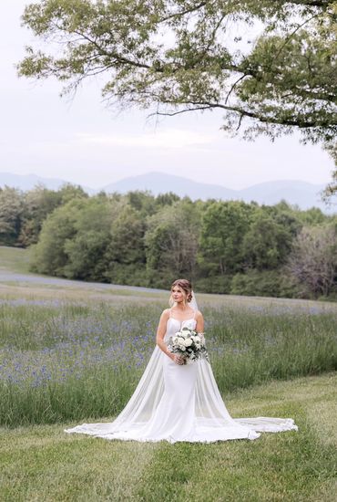 The Emerald Hill outdoor wedding venue near Charlotte, NC featuring spring bridals w/ mountain views