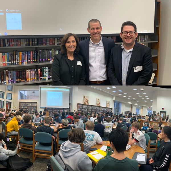 Top: Anna Salton Eisen, CSHS Principal Ryan Wilson and Anna's son and co-author Aaron Eisen.