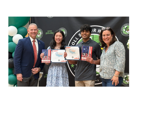 Photo: (L to R)  Dr. Al Riera, One Southlake speaker;  Carissa Chandra; Ethan Menezes; and One South