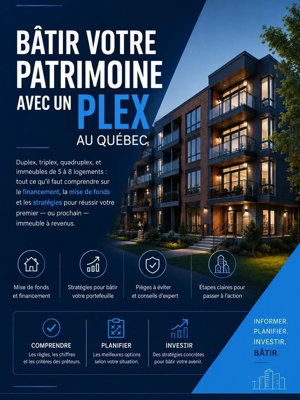 Annonce sur la construction de patrimoine avec des plex au Québec.