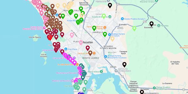 Map of Mazatlán with various colored location markers.