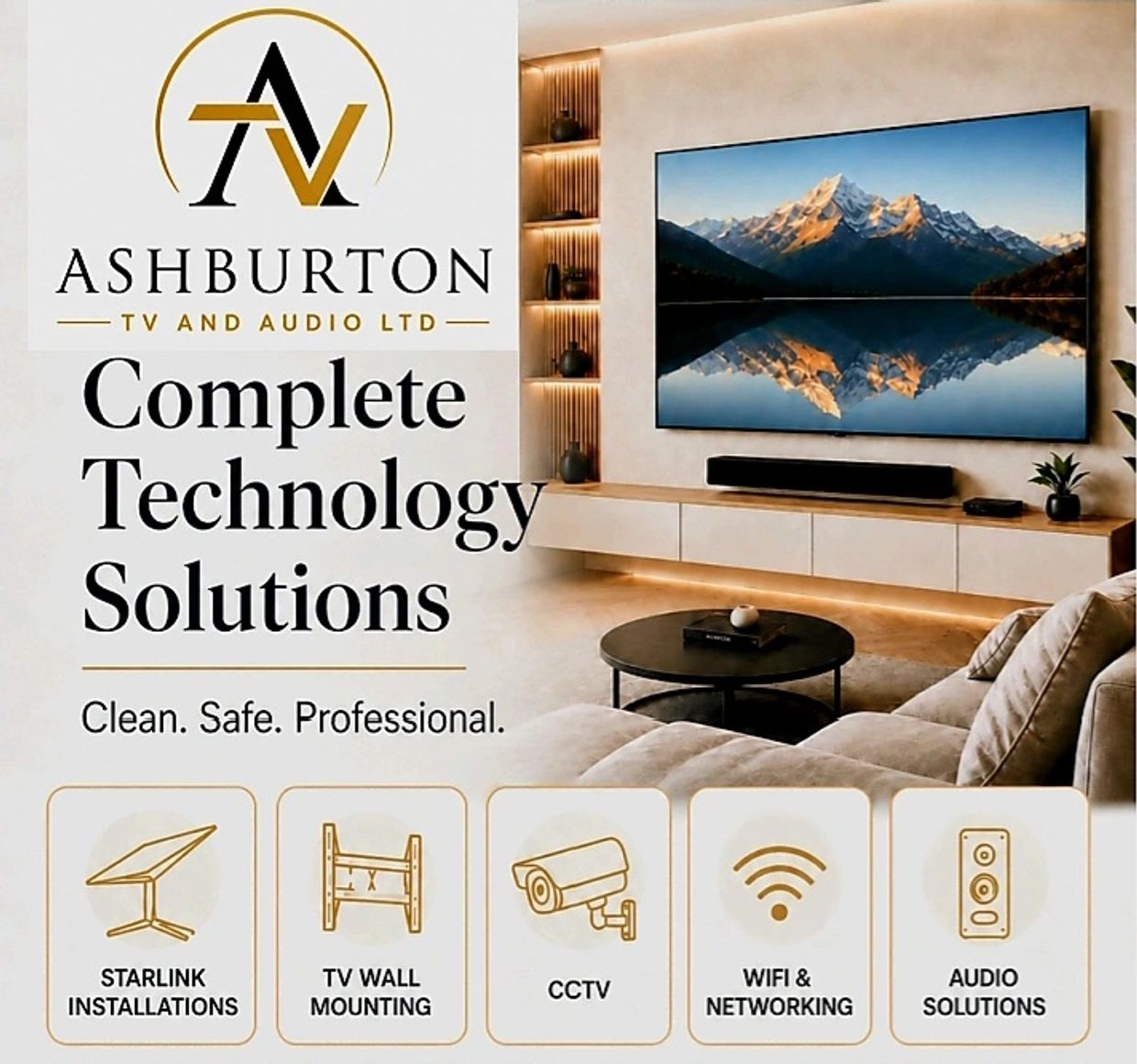 Ashburton TV & Audio technology solutions including Starlink installation, TV wall mounting, CCTV, WiFi networking and audio systems.
