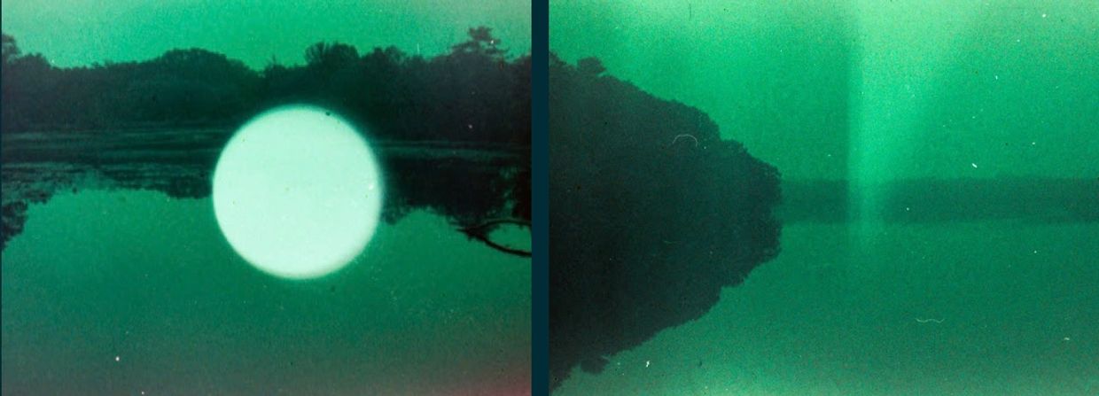 Two green-tinted photos of a lakeside with trees and a bright circular light in one.