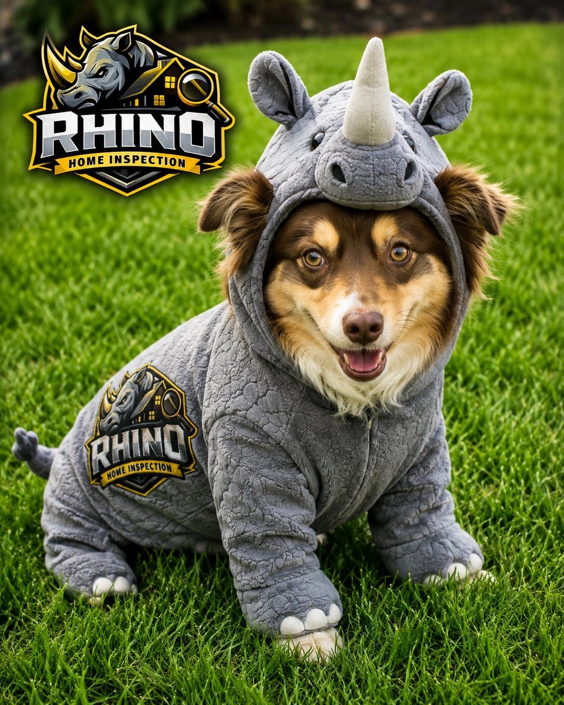 Dog wearing a rhino costume on green grass.