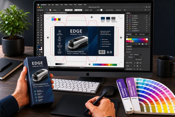 Designer creating packaging for EDGE Premium Tools on computer and tablet.