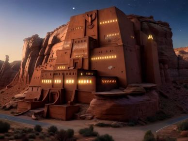 A fortress-like building carved into a desert rock formation at dusk.