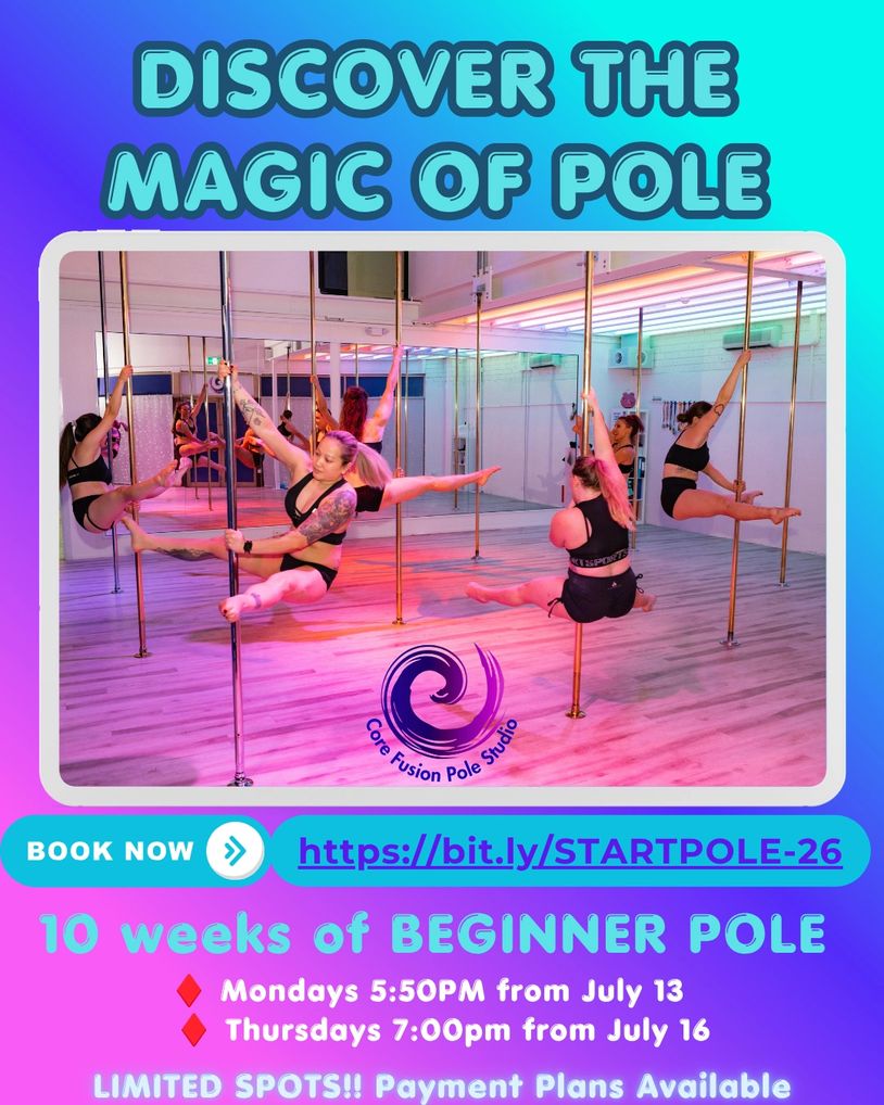 Women practicing pole dancing in a bright studio with class details overlay.