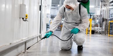 Worker disinfects floor in protective gear indoors.