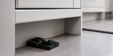 Robot vacuum cleaner under cabinet cleaning floor.
