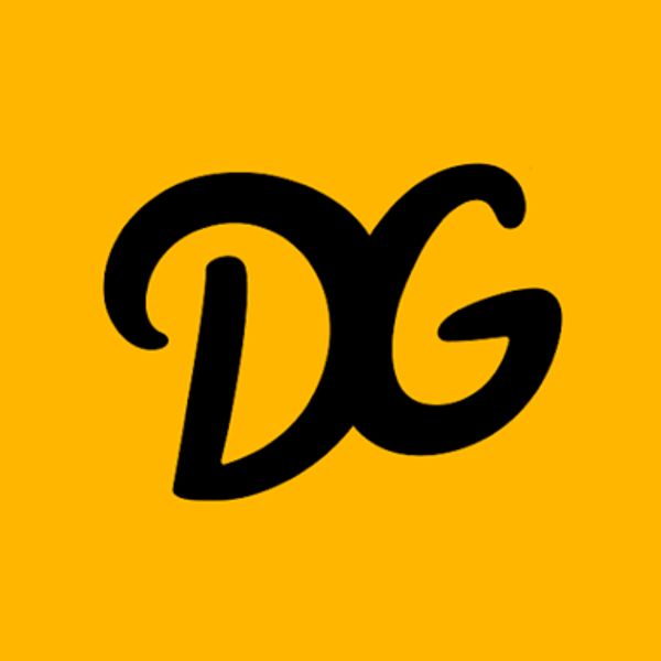 Stylized black letters 'DG' on an orange background.