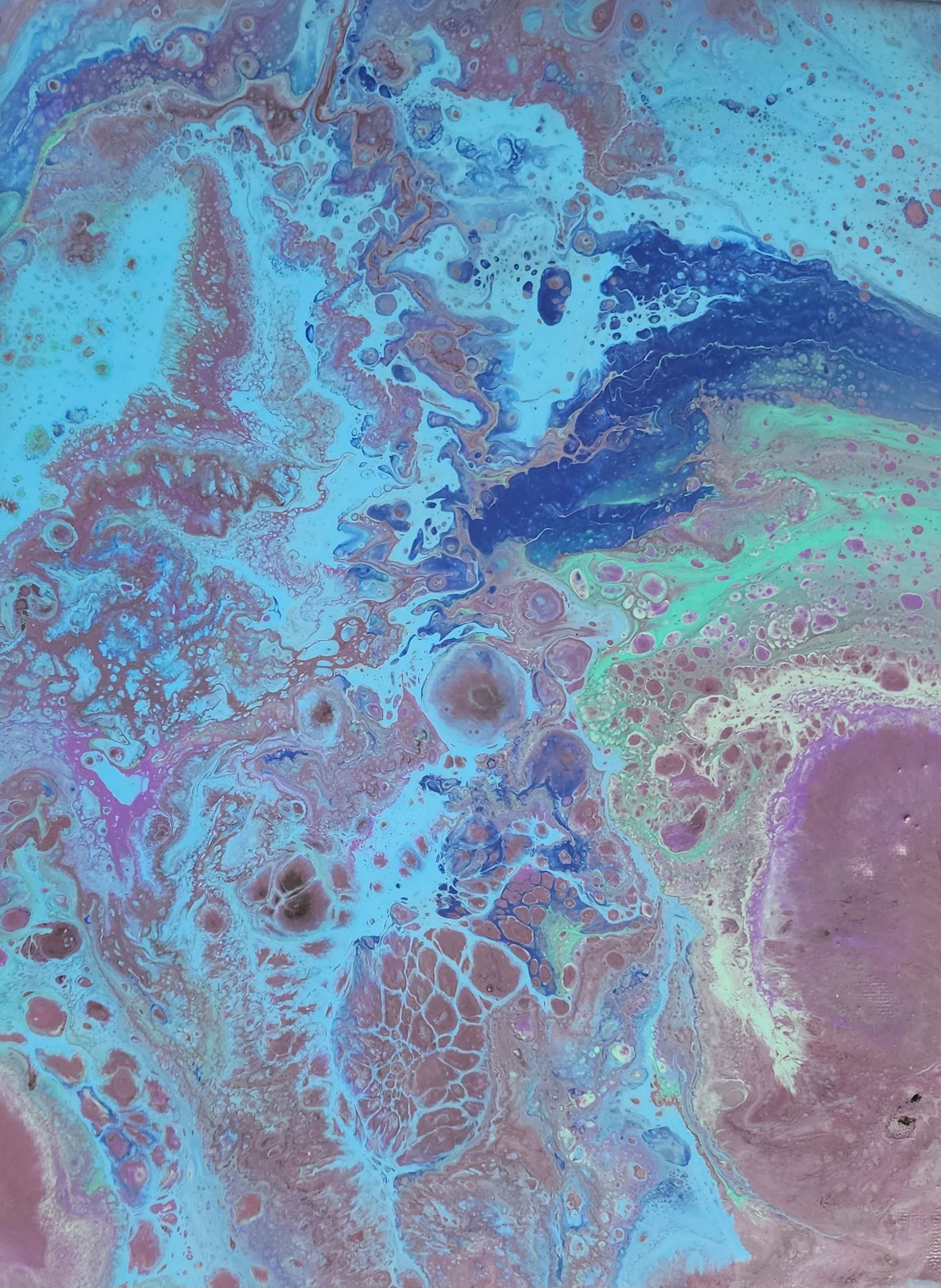 Acrylic pouring by speculative fiction author Jaime Johnesee in blues, purples, and greens.