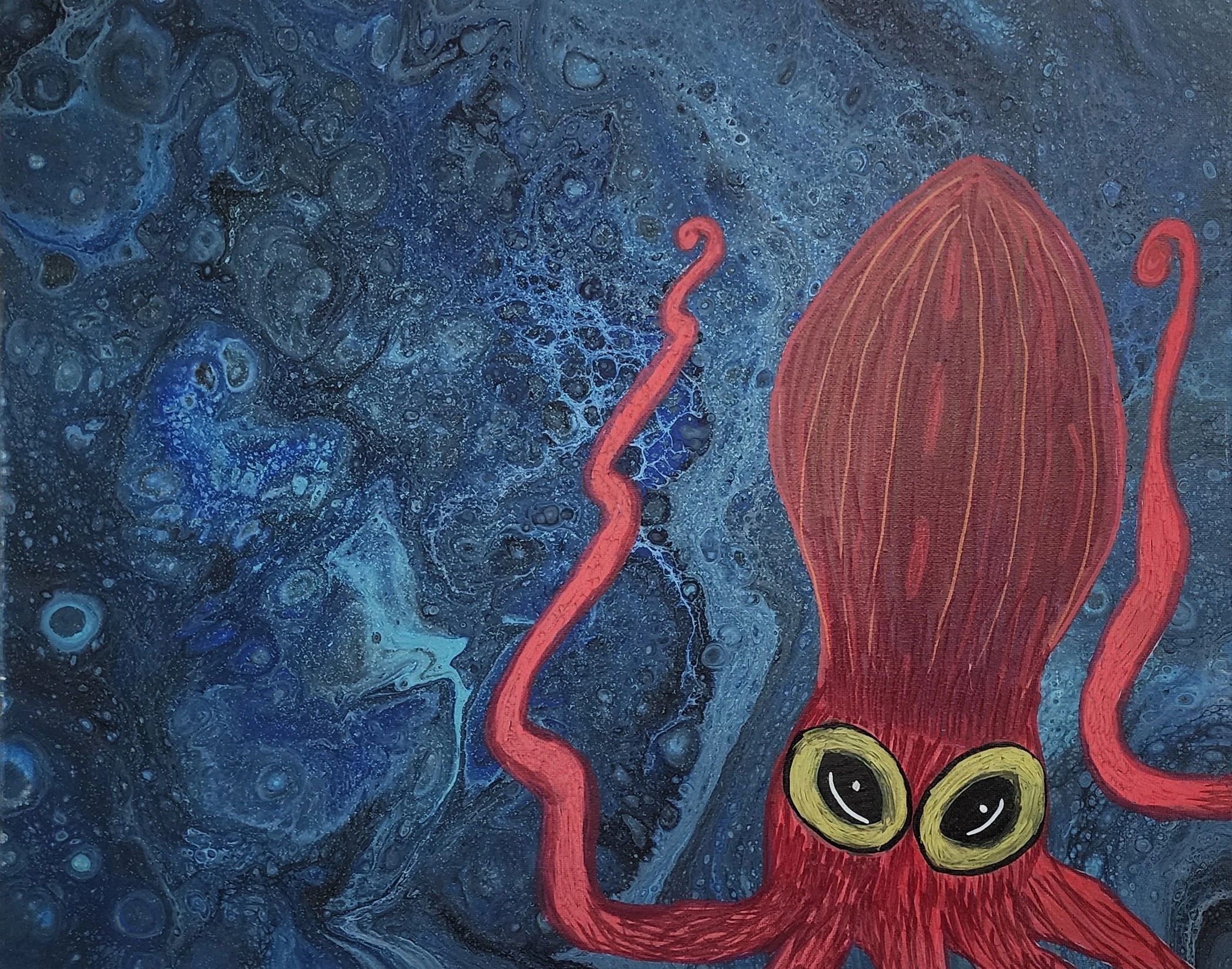 An acrylic pouring with a painting of a squid on top by speculative fiction author Jaime Johnesee. 