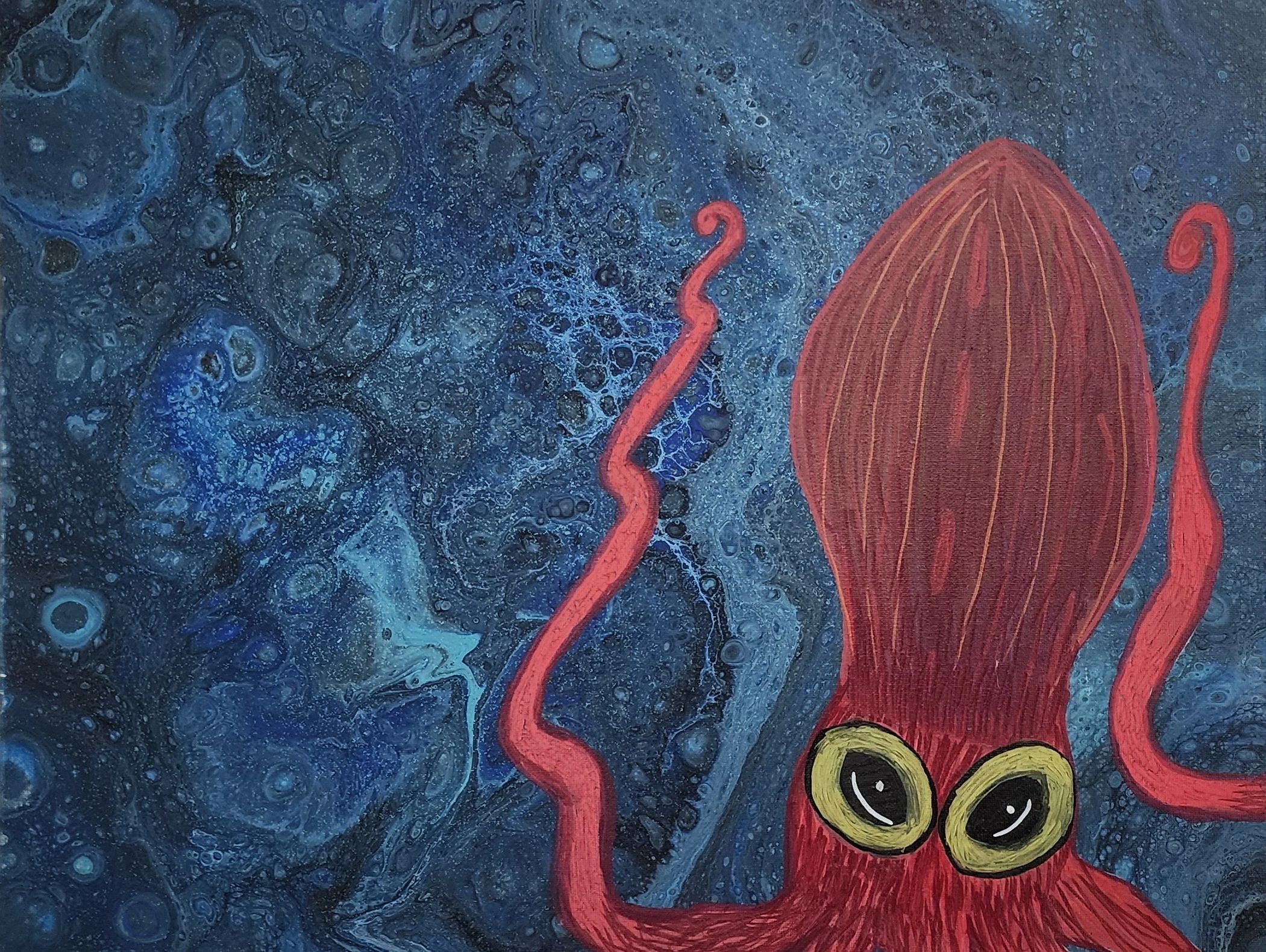 A squid in space done with acrylic paint pens over an acrylic pouring by author Jaime Johnesee 