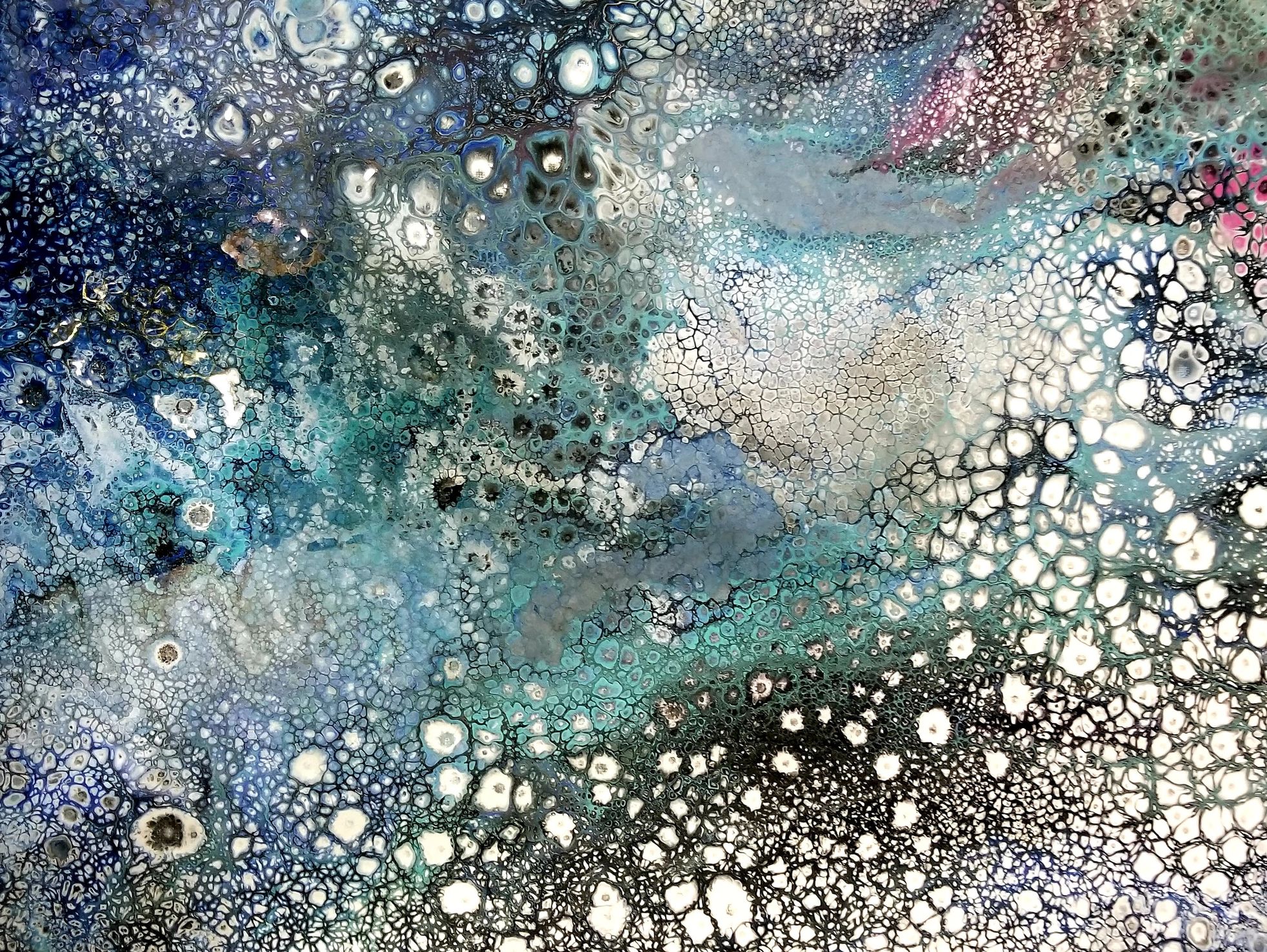 Acrylic pouring in blue, pink, white  by speculative fiction author Jaime Johnesee 
