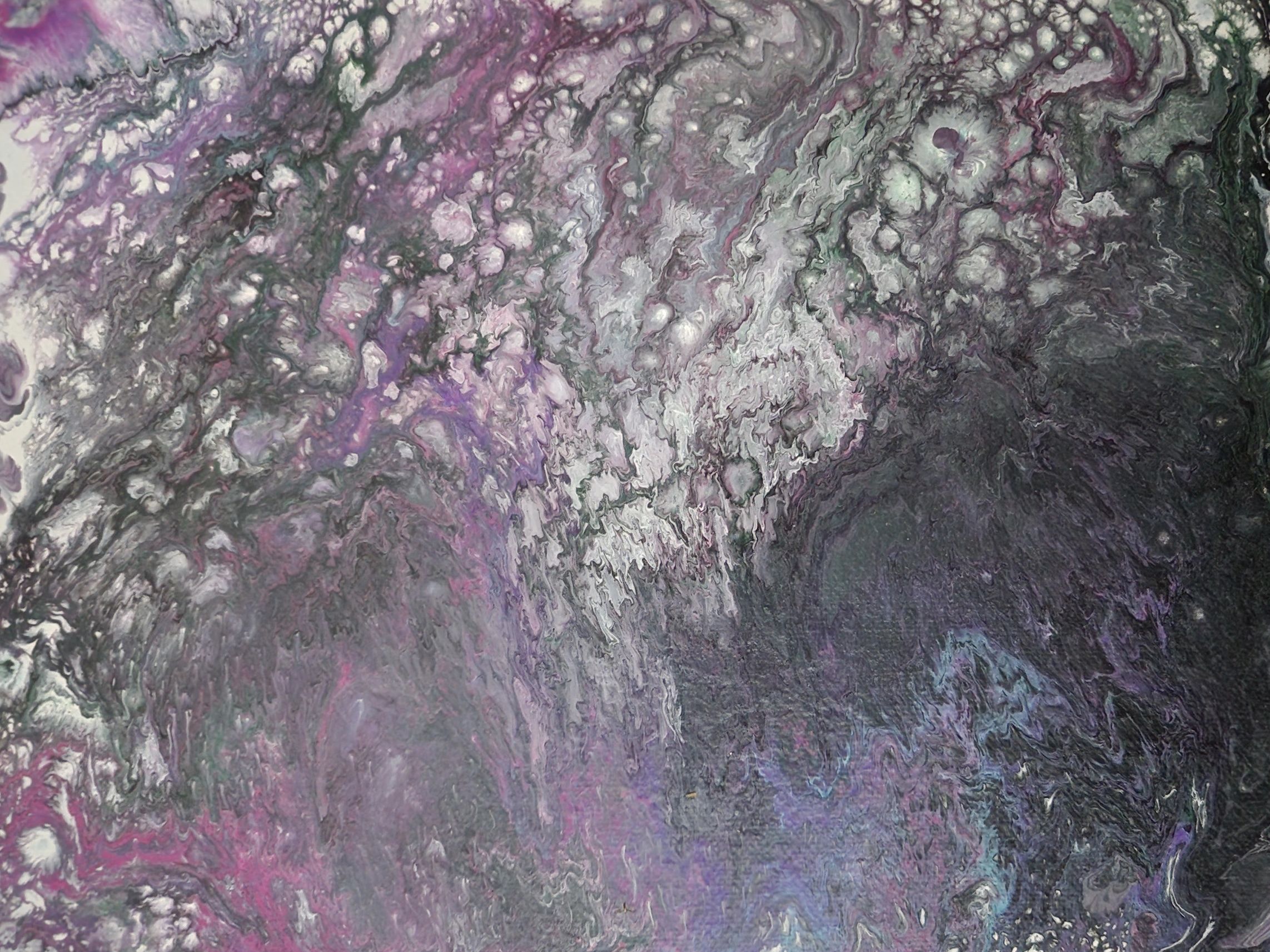 Acrylic pouring by speculative fiction author Jaime Johnesee in blacks, purples, pinks and white.