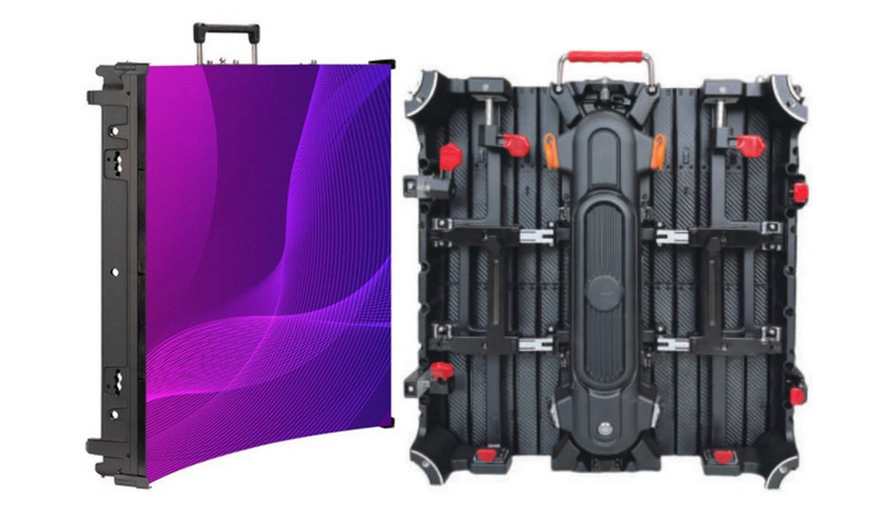 Front and back views of a curved LED display panel with handles.