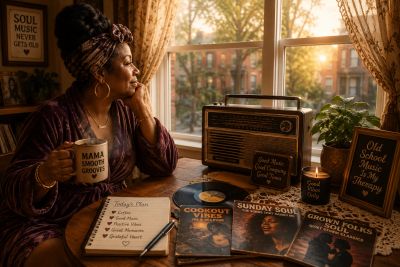 Woman enjoying music and coffee by the window.