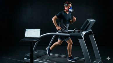 Man running on treadmill wearing a respiratory mask connected to a laptop.