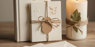 Handmade cards and a decorated candle tied with twine.